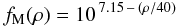 Mathematical equation: \begin{equation} \label{eq:m-scatfunc} f_\mathrm{M}(\rho) = 10^{\,7.15 \,- \,(\rho / 40)} \end{equation}
