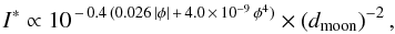 Mathematical equation: \begin{equation} \label{eq:moonillu} I^{*} \propto 10^{\,-\,0.4\,(0.026 \,|\phi| \,+ \,4.0 \,\times \,10^{-9} \,\phi^4)} \times \left(d_\mathrm{moon}\right)^{-2}, \end{equation}
