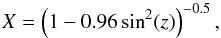 Mathematical equation: \begin{equation} \label{eq:scatterairmass} X = \left(1 - 0.96 \sin^2(z)\right)^{-0.5}, \end{equation}