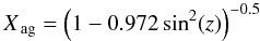 Mathematical equation: \begin{equation} \label{eq:airglowairmass} X_\mathrm{\,ag} = \left(1 - 0.972 \sin^2(z)\right)^{-0.5} \end{equation}