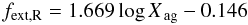 Mathematical equation: \begin{equation} \label{eq:r-airglowfit} f_\mathrm{ext,R} = 1.669 \log X_\mathrm{\,ag} - 0.146 \end{equation}