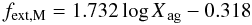 Mathematical equation: \begin{equation} \label{eq:m-airglowfit} f_\mathrm{ext,M} = 1.732 \log X_\mathrm{\,ag} - 0.318 \end{equation}