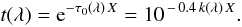 Mathematical equation: \begin{equation} \label{eq:extinction} t(\lambda) = \mathrm{e}^{-\tau_0(\lambda)\,X} = 10^{\,-\,0.4\,k(\lambda)\,X}. \end{equation}