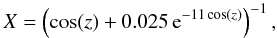 Mathematical equation: \begin{equation} \label{eq:airmass} X = \left(\cos(z) + 0.025 \,\mathrm{e}^{-11 \cos(z)}\right)^{-1}, \end{equation}
