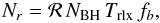 Mathematical equation: \begin{equation} N_r = \mathcal{R} \, N_{\rm BH} \, T_{\rm rlx}\, f_{b}, \end{equation}