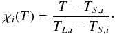\begin{equation} \chi_{i}(T)=\frac{T-T_{S,i}}{T_{L.i}-T_{S,i}}\cdot \label{meltfrac} \end{equation}