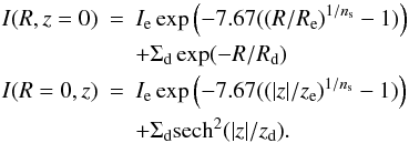 \begin{eqnarray} \nonumber I(R,z=0)&=&I_{\rm e} \exp\left(-7.67((R/R_{\rm e})^{1/n_{\rm s}}-1)\right)\\ \nonumber &&+\Sigma_{\rm d} \exp(-R/R_{\rm d})\\ \nonumber I(R=0,z)&=&I_{\rm e} \exp\left(-7.67((|z|/z_{\rm e})^{1/n_{\rm s}}-1)\right)\\ &&+\Sigma_{\rm d} {\rm sech}^2(|z|/z_{\rm d}). \end{eqnarray}