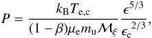 Mathematical equation: \begin{equation} \label{eq:total_pressure} P = \frac{k_{\rm B} T_{\rm e,c}}{(1-\beta)\mu_{\rm e} m_{\rm u} \mathcal{M}_{\xi}} \frac{\epsilon^{5/3}}{\epsilon_{\rm c}^{~2/3}}, \end{equation}