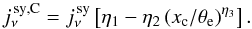 Mathematical equation: \begin{equation} j^{\rm \, sy, C}_{\nu} = j^{\rm \, sy}_{\nu} \left[\eta_1 - \eta_2 \left({x_{\rm c} / \theta_{\rm e}}\right)^{\eta_3} \right] . \end{equation}