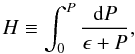 Mathematical equation: \begin{equation} H \equiv \int_0^P \frac{\mathrm{d}P}{\epsilon+P} , \label{eq:def_enthalpy} \end{equation}