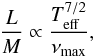 Mathematical equation: \begin{eqnarray} {L \over M} \propto { {\teff^{7/2}} \over {\nu_{\rm max}} }, \label{L_M} \end{eqnarray}