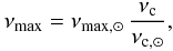 Mathematical equation: \begin{eqnarray} \nu_{\rm max } = \nu_{{\rm max},\odot} \, { \nu_{\rm c} \over \nu_{\rm c,\odot} }, \label{numax_scaling} \end{eqnarray}