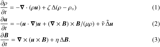 Mathematical equation: \begin{eqnarray} \label{eqcont} && \frac{\partial \rho}{\partial t} = - {\vec \nabla} \cdot (\rho {\vec u}) + \zeta\, \Delta (\rho-\rho_\circ)\\ \label{eqmom} && \frac{\partial {\vec u}}{\partial t} = - ({\vec u} \cdot {\vec \nabla}) {\vec u} + ({\vec \nabla} \times {\vec B}) \times {\vec B}/(\mu\rho) + \tilde{\nu}\, \tilde{\Delta} {\vec u} \\ \label{eqinduc} && \frac{\partial {\vec B}}{\partial t} = {\vec \nabla} \times ({\vec u} \times {\vec B}) + \eta\, \Delta {\vec B}. \end{eqnarray}