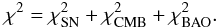 Mathematical equation: \begin{equation} \chi^2=\chi^2_{\rm SN}+\chi^2_{\rm CMB}+\chi^2_{\rm BAO}. \end{equation}