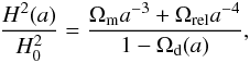 Mathematical equation: \begin{equation} \label{eqn::hubble} \frac{H^2(a)}{H^2_0} = \frac{\Omega_{\rm m} a^{-3} + \Omega_{\rm rel} a^{-4}}{1 - \Omega_{\rm d}(a)}, \end{equation}