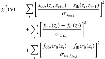 Mathematical equation: \begin{eqnarray} \chi_{\gamma}^2 (\gamma)&=&\sum_i \left[\frac{s_{\rm obs}(z_i,z_{i+1})-s_{\rm th}(z_i,z_{i+1})}{\sigma_{s_{\rm obs,i}}}\right]^2\nonumber\\ &&+\sum_i\left[\frac{f_{\rm obs}(z_i)-f_{\rm th}(z_i)}{\sigma_{f_{\rm obs,i}}}\right]^2\nonumber\\ &&+\sum_i\left[\frac{f_{\rm obs}\sigma_8(z_i)-f_{\rm th}\sigma_8(z_i)}{\sigma_{\sigma_8f_{\rm obs,i}}}\right]^2\label{chi2s} \end{eqnarray}