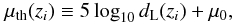 Mathematical equation: \begin{equation} \mu_{\rm th}(z_i)\equiv 5 \log_{10} {d_{\rm L}(z_i)} +\mu_0, \end{equation}