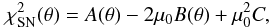 Mathematical equation: \begin{equation} \chi^2_{\rm SN}({\bf\theta})=A({\bf\theta})-2\mu_0 B({\bf\theta})+\mu_0^2 C, \end{equation}