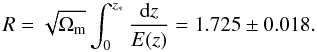 Mathematical equation: \begin{equation} \label{shift} R=\sqrt{\Omega_{\rm m}}\int_0^{z_*}\frac{{\rm d}z}{E(z)}=1.725\pm 0.018. \end{equation}