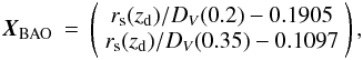 Mathematical equation: \begin{eqnarray} {{\vec X}_{\rm BAO}} &=& \left(\begin{array}{c} r_{\rm s}(z_{\rm d})/D_V(0.2) - 0.1905 \\ r_{\rm s}(z_{\rm d})/D_V(0.35) - 0.1097 \end{array} \right), \end{eqnarray}