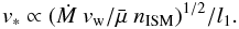 Mathematical equation: \begin{equation*} {v}_* \propto (\dot{M} ~ {v}_{\rm w} / \bar{\mu}~n_{\rm ISM})^{1/2}/l_1 . \end{equation*}