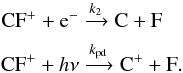 Mathematical equation: \begin{eqnarray*} \textrm{F} + \hh &\xrightarrow[]{} \textrm{HF} + \textrm{H} \\ \textrm{HF} + \Cp &\xrightarrow[]{k_1} \CFp + \textrm{H} \end{eqnarray*}