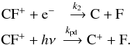 Mathematical equation: \begin{eqnarray*} \CFp + \textrm{e}^{-} &\xrightarrow[]{k_2} \textrm{C} + \textrm{F}\\ \CFp + h\nu &\xrightarrow[]{k_{\textrm{pd}}} \Cp + \textrm{F}. \end{eqnarray*}