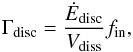 Mathematical equation: \begin{equation} \Gamma_\ind{disc} = \frac{\dot{E}_\ind{disc}}{V_\ind{diss}}f_\ind{in}, \end{equation}