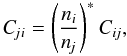Mathematical equation: \begin{equation} \Cji = \boltz \Cij , \end{equation}