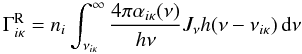 Mathematical equation: \begin{equation} \GammaRikappa = \ni \int_{\nuikappa}^\infty { 4 \pi \alphaikappa ( \nu ) \over h \nu } \Jnu h ( \nu - \nuikappa ) \,\d \nu \end{equation}