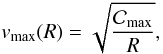 Mathematical equation: \begin{equation} v_{{\rm max}}(R)=\sqrt{\frac{\mathcal{C}_{{\rm max}}}{{R}}}, \label{eq:velenv} \end{equation}