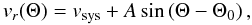 Mathematical equation: \begin{equation} v_r{(\Theta)}=v_{\textrm{sys}}+ A\sin\left(\Theta-\Theta_0\right), \label{eq:rot} \end{equation}