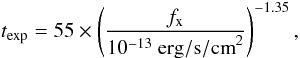 Mathematical equation: \begin{equation} t_{\exp} = 55\times\left(\frac{f_{\rm x}}{10^{-13}~{\rm erg/s/cm}^2}\right)^{-1.35}, \label{eq:texp} \end{equation}