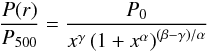 Mathematical equation: \begin{equation} \label{cluster_profile} {P(r) \over P_{500}} = {P_0 \over x^\gamma \left(1 + x^\alpha\right)^{(\beta-\gamma)/\alpha}} \end{equation}