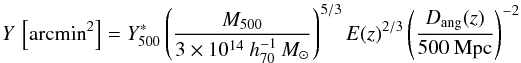 Mathematical equation: \begin{equation} \label{ym_ss_rel} Y \, \left[{\rm arcmin}^2\right] = Y^*_{500} \left({M_{500} \over 3 \times 10^{14}~h_{70}^{-1}\,M_\odot} \right)^{5/3} E(z)^{2/3} \left({D_{\rm ang}(z) \over 500~{\rm Mpc}} \right)^{-2} \end{equation}