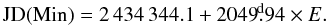 Mathematical equation: \begin{equation} {\rm JD(Min)} = 2\,434\,344.1 + 2049\fd94 \times E. \label{eq.efem} \end{equation}