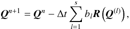 \begin{equation} \vec{Q}^{n+1} = \vec{Q}^{n} - \Delta t \sum_{l=1}^{s} b_{l} \vec{R} \left( \vec{Q}^{(l)} \right), \label{eq:SDIRK_final_stage} \end{equation}