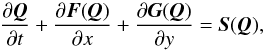 \begin{equation} {\partial \vec{Q} \over \partial t} + {\partial \vec{F}(\vec{Q}) \over \partial x} + {\partial \vec{G}(\vec{Q}) \over \partial y} = \vec{S}(\vec{Q}), \label{eq:claw_cart} \end{equation}