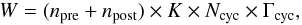 \begin{equation} W = (n_{\rm pre} + n_{\rm post}) \times K \times N_{\rm cyc} \times \Gamma_{\rm cyc}, \label{eq:mg_work} \end{equation}