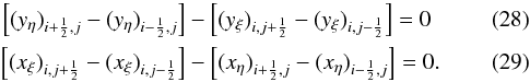 \begin{eqnarray} \left[ (y_{\eta})_{i+{1 \over 2},j} - (y_{\eta})_{i-{1 \over 2},j} \right] &-& \left[ (y_{\xi})_{i,j+{1 \over 2}} - (y_{\xi})_{i,j-{1 \over 2}} \right] = 0 \label{eq:metric_ident1} \\ \left[ (x_{\xi})_{i,j+{1 \over 2}} - (x_{\xi})_{i,j-{1 \over 2}} \right] &-& \left[ (x_{\eta})_{i+{1 \over 2},j} - (x_{\eta})_{i-{1 \over 2},j} \right] = 0. \label{eq:metric_ident2} \end{eqnarray}