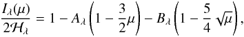 Mathematical equation: \begin{equation} \label{eq:ldlaw} \frac{I_\lambda(\mu)}{2\mathcal{H}_\lambda} = 1 - A_\lambda \left (1 - \frac{3}{2}\mu \right ) - B_\lambda \left (1 - \frac{5}{4} \sqrt{\mu} \right ), \end{equation}