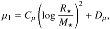 Mathematical equation: \begin{equation} \label{eq:mu1_rm} \mu_1 = C_\mu \left(\log \frac{R_\star}{M_\star} \right )^2 + D_\mu, \end{equation}