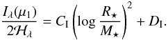 Mathematical equation: \begin{equation} \label{eq:imu} \frac{I_\lambda(\mu_1)}{2\mathcal{H}_\lambda} = C_\mathrm{I} \left(\log \frac{R_\star}{M_\star} \right)^2 + D_\mathrm{I}. \end{equation}