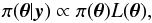 Mathematical equation: \begin{equation} \label{eq:bayes} \pi(\thetav|\yv) \propto \pi(\thetav) L(\thetav), \end{equation}