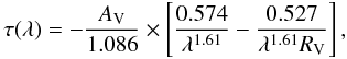 Mathematical equation: \begin{equation} \tau(\lambda)=-\frac{A_{\rm V}}{1.086}\times\left[\frac{0.574}{\lambda^{1.61}}-\frac{0.527}{\lambda^{1.61}R_{\rm V}}\right] , \end{equation}