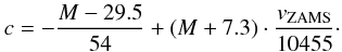 Mathematical equation: \appendix \setcounter{section}{1} \begin{equation} c = - \frac{M - 29.5}{54} + \left( M + 7.3 \right) \cdot \frac{v_\mathrm{ZAMS}}{10455} \cdot \label{eq_parac_comp} \end{equation}