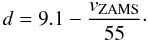Mathematical equation: \appendix \setcounter{section}{1} \begin{equation} d = 9.1 - \frac{v_\mathrm{ZAMS}}{55}\cdot \label{eq_parad_comp} \end{equation}
