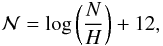 Mathematical equation: \begin{equation} \mathcal N = \log \left( \frac{N}{H} \right) + 12, \label{eq_SNA} \end{equation}