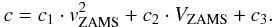 Mathematical equation: \appendix \setcounter{section}{1} \begin{eqnarray} c = c_1 \cdot v_\mathrm{ZAMS}^2 + c_2 \cdot V_\mathrm{ZAMS} + c_3. \nonumber \end{eqnarray}