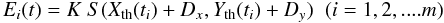 Mathematical equation: \begin{equation} \label{CondEq} E_i(t)= K\ S(X_{\rm th}(t_i)+D_x,Y_{\rm th}(t_i)+D_y) \;\; (i=1, 2,....m) \end{equation}